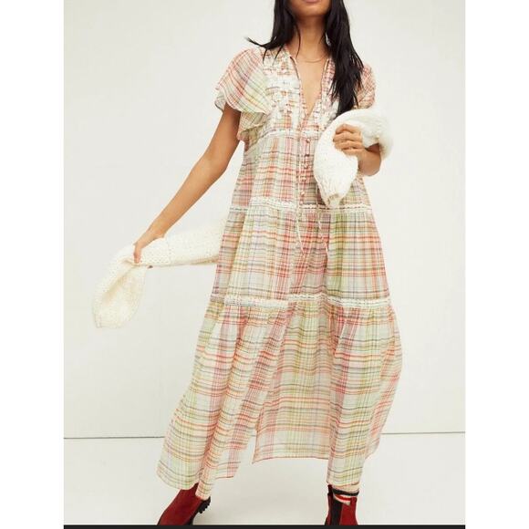 Free People Sally Embroidered Plaid Top Maxi Dress NWT - Picture 3 of 9